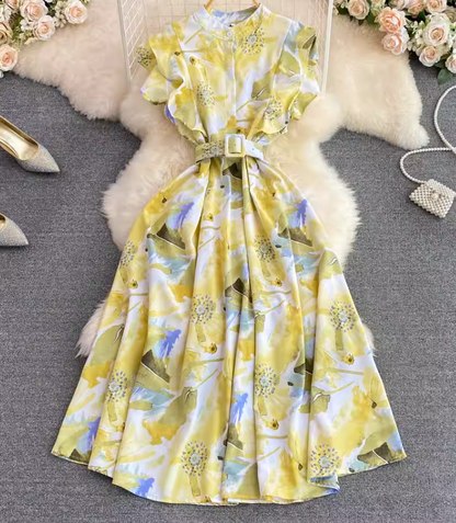 Gentle style stand-up collar, slim waist, printed A-line long swing dress 2025 high waist elegant long skirt R0359