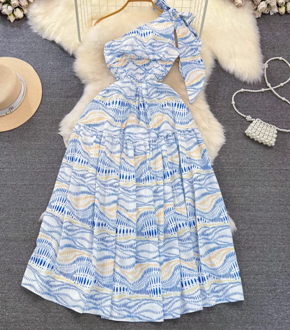 Light luxury temperament oblique collar off-shoulder waist A-line print large swing dress elegant long skirt R0393