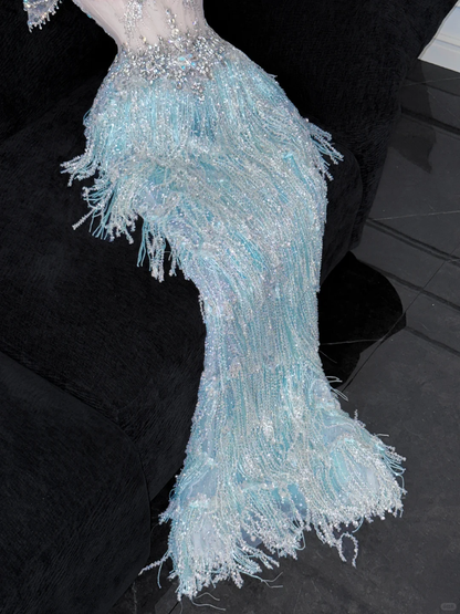 Shiny Light Blue Beaded Sequined Design Mermaid Prom Dress Evening Dress D1689