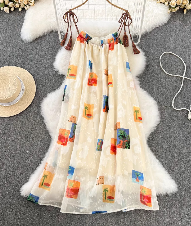 French retro temperament loose printed suspender skirt holiday beach skirt fashionable sleeveless dress R0363