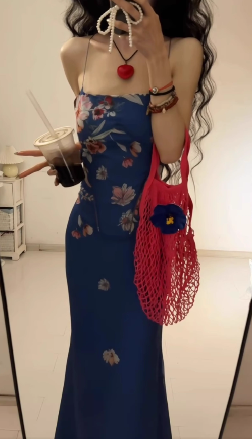 Retro blue floral dress sexy waist slim hip suspender skirt R0640
