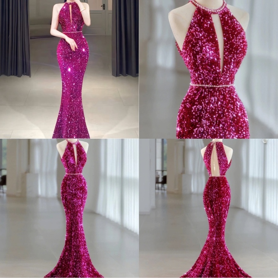 Elegant Fuchsia Halter Sequins Mermaid Long Evening Party Dress MD7494