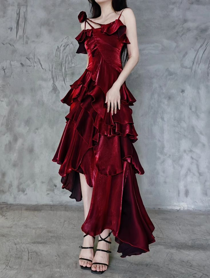 Pretty Asymmetrical Layered Flounce Spaghetti Strap Satin Prom Dress Mermaid Evening Gown cc1459