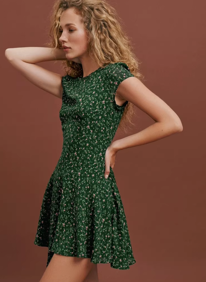 Chiffon Dress French Round Neck Green Floral Petite Mini Skirt R2905