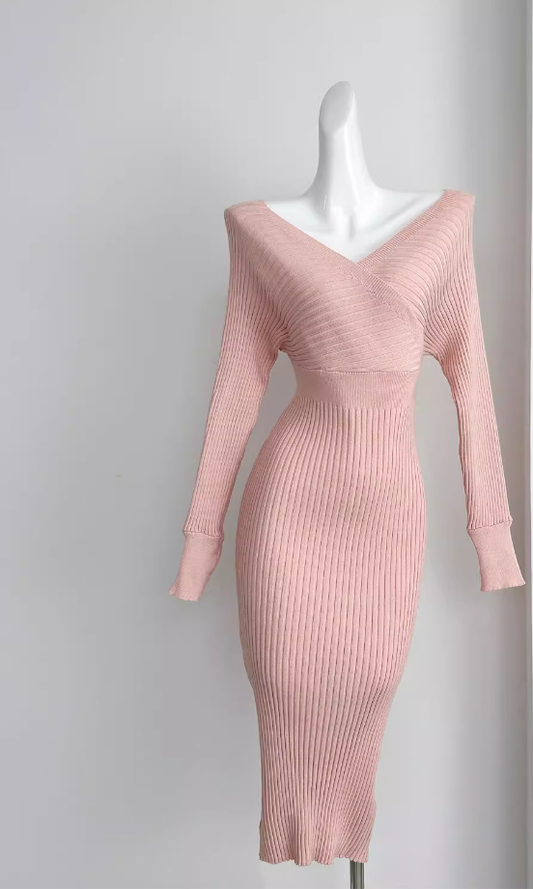 Pure desire slim waist sexy hip pink dress V-neck bottom knitted long skirt R0296