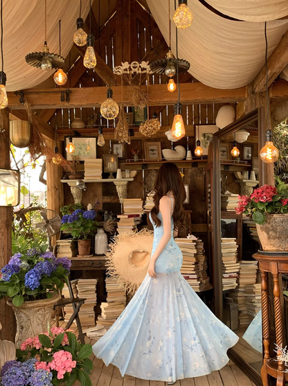 Blue floral suspender dress, elegant waist and hip fishtail skirt R0630