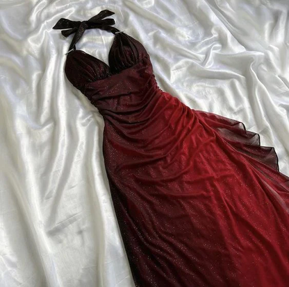 Charming Halter Ombre Red Chiffon Long Prom Dress Party Evening Gown cc1398