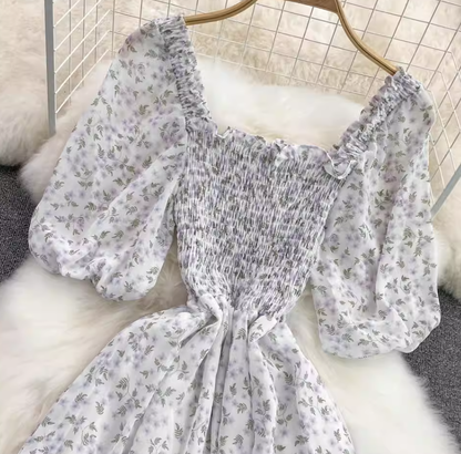 2025 new first love skirt square neck floral chiffon skirt tea break forest platycodon skirt a-line dress R0339