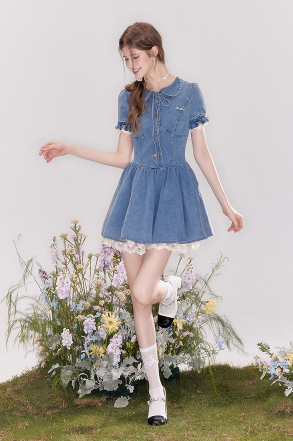 Vintage denim dress with baby doll collar, puff sleeves and waist-hugging tutu skirt R4543