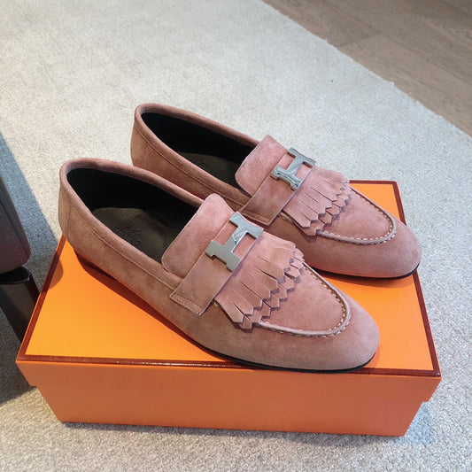 Royal Loafer Pink Suede Calfskin With Fringe Detail And Silver Signature Buckle 509432