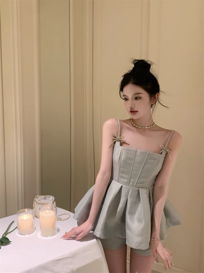 Cute Fashion Gray Spaghetti Strap Design A-line Satin Party Dress Homecoming Dress, D1396