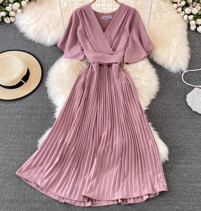 2025 new V-neck short-sleeved dress slim fit temperament waist tie big swing pleated long skirt R0345