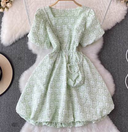 French retro temperament puff sleeve square neck waist slim dress petite short puffy princess dress R0354