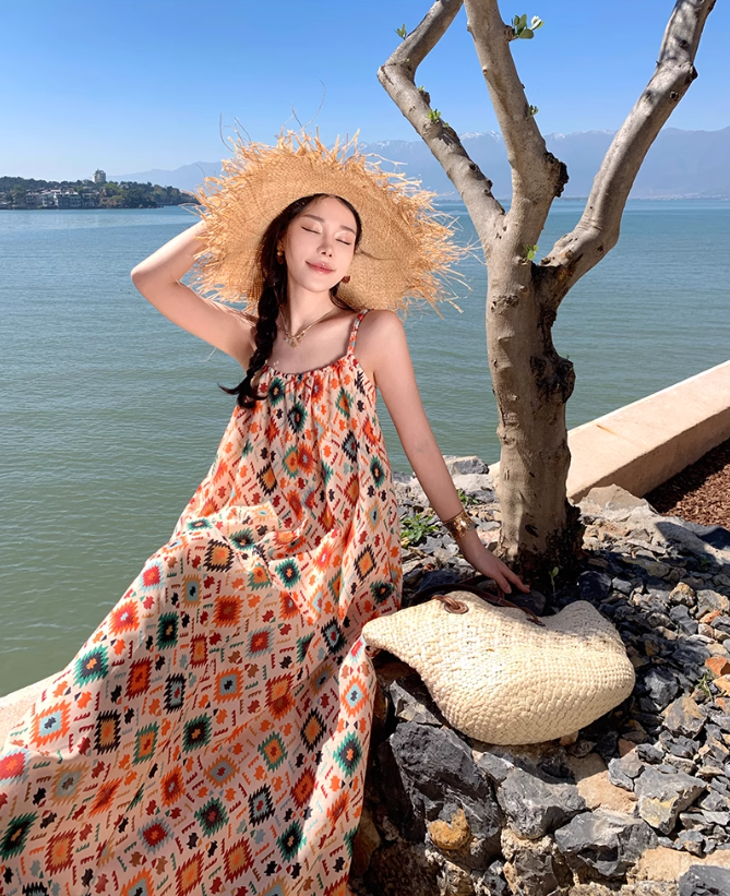 National style retro floral suspender dress temperament loose A-line long skirt R0615