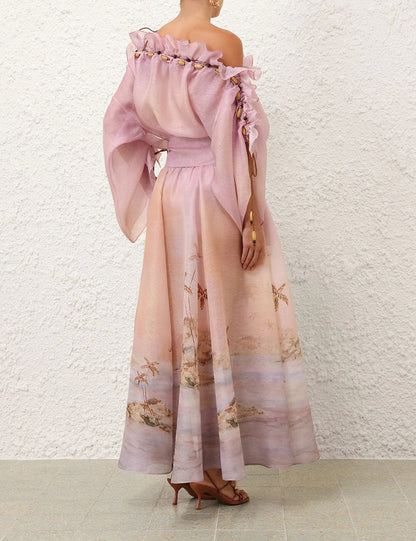 ZIMMER SILK MIDI DRESS IN PASTEL BLUE-GREEN AND LIGHT PURPLE