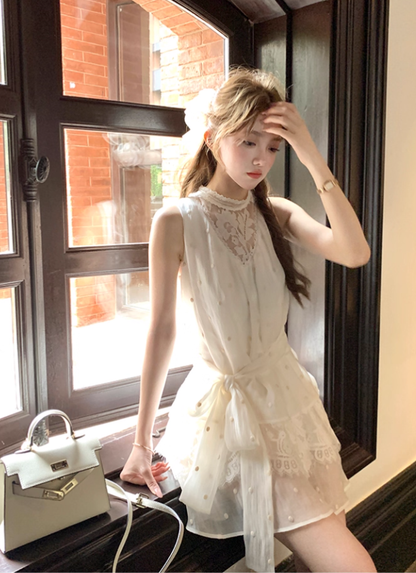 Apricot mid-length waist hollow embroidery polka dot dress summer French retro temperament skirt R4702