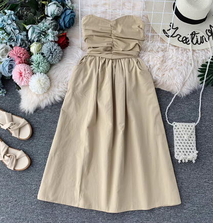 Dress women 2025 new sexy tube top waist off-shoulder solid color mid-length skirt all-match skirt R0367