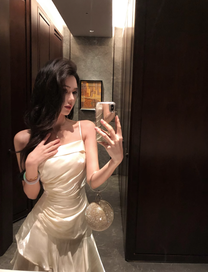 French gentle style ruffled sling dress temperament lady high-end waist hip banquet dress skirt R0410