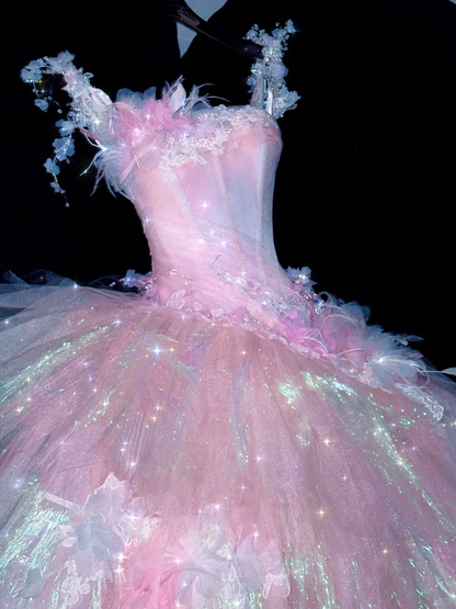 Sparkling Elegant Pink A-Line Tiered Prom Dress Evening Dress Ball Gown D1696