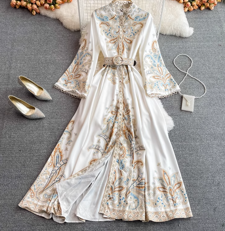 New style palace style retro print long sleeve waist long skirt single breasted stand collar dress R0322