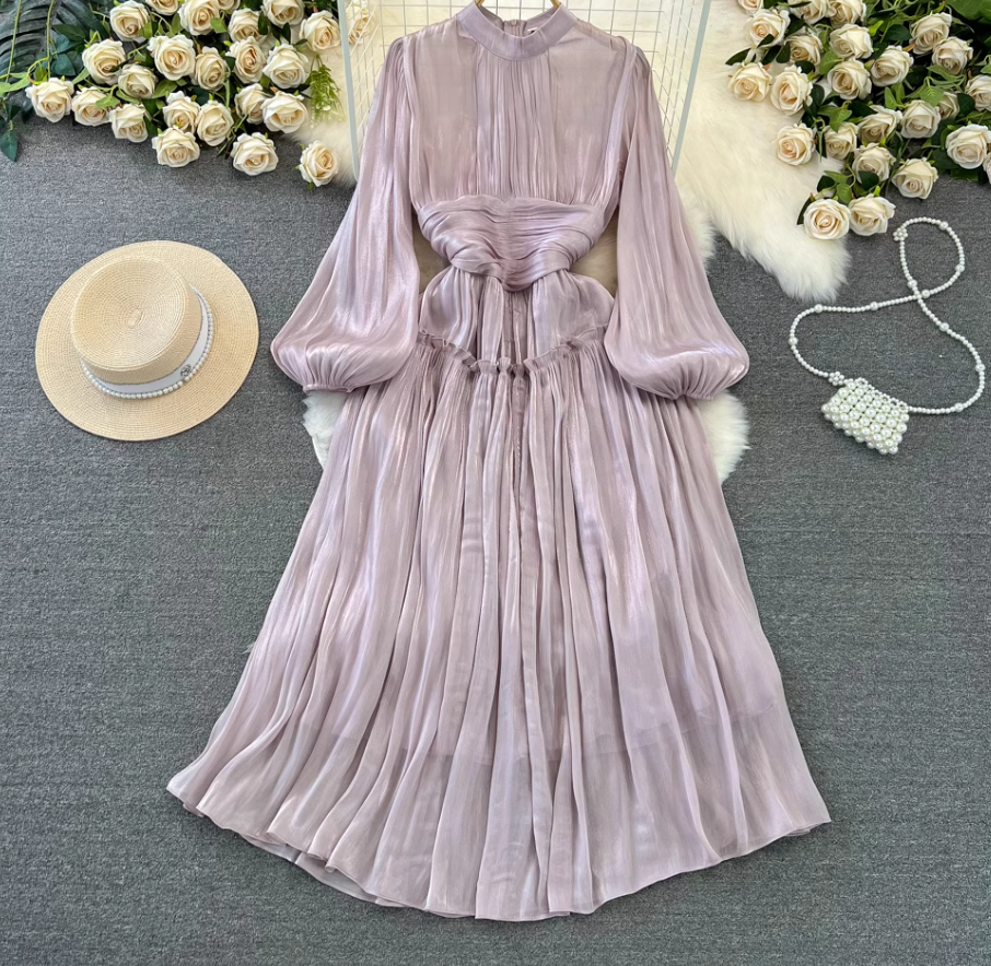 Spring and autumn lantern long sleeve stand collar waist slim pleated A-line dress holiday long skirt R0309
