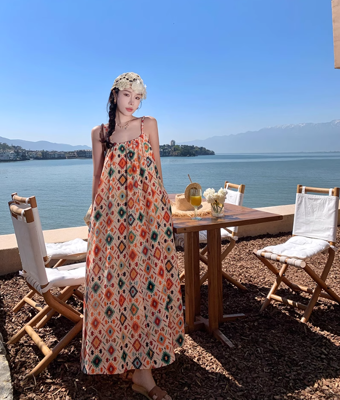 National style retro floral suspender dress temperament loose A-line long skirt R0615