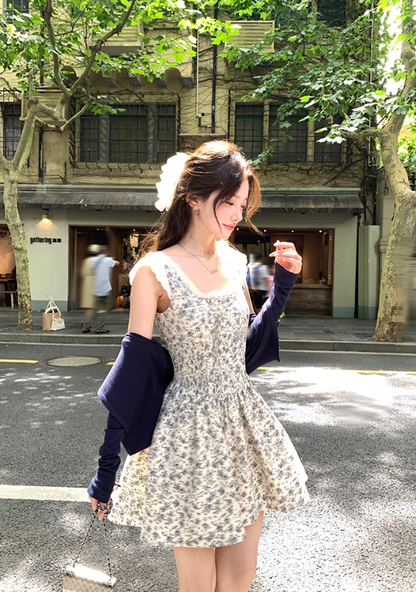 Square neck waist floral suspender dress for women summer French style temperament skirt R4696