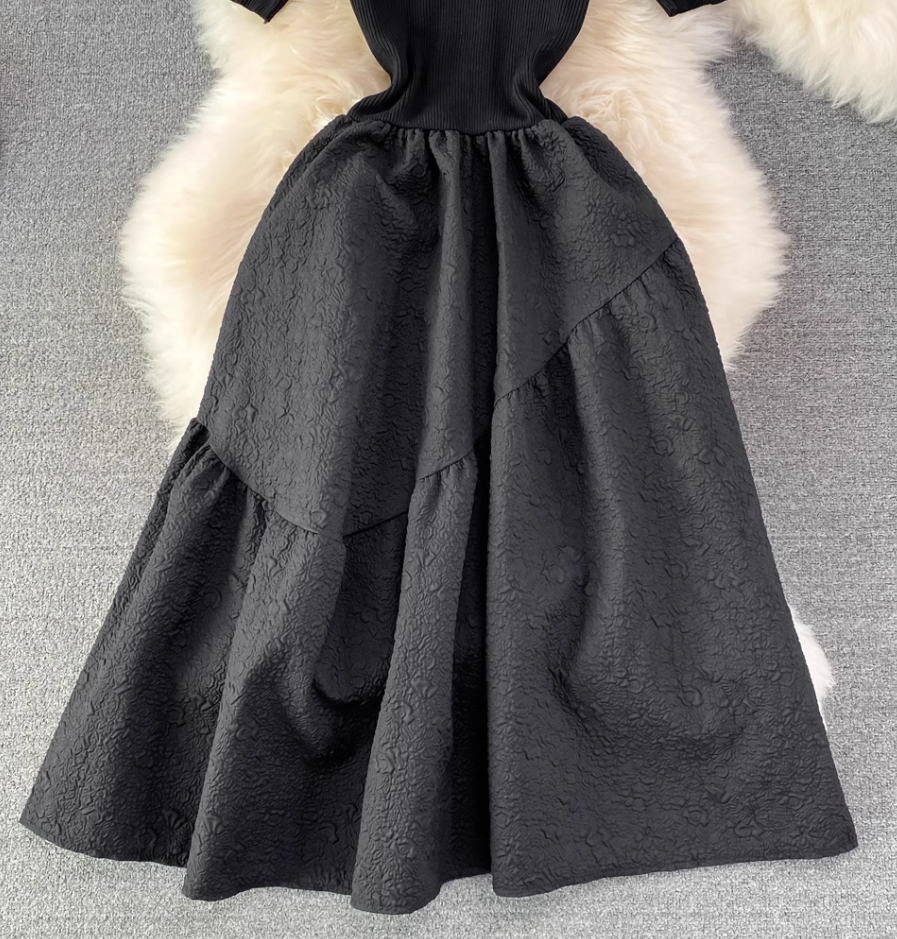 New round neck knitted waist slimming A-line jacquard dress elegant temperament long skirt R0362