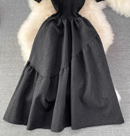 New round neck knitted waist slimming A-line jacquard dress elegant temperament long skirt R0362