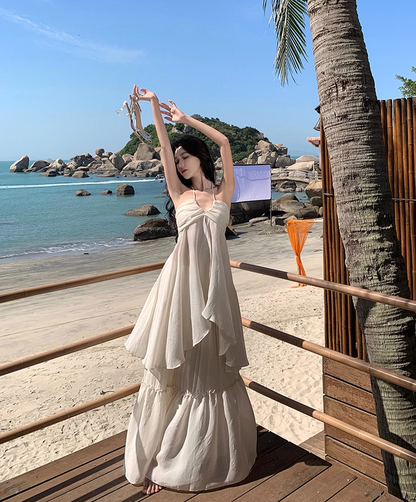 French retro atmosphere super fairy vacation sexy tube top halter neck suspender long dress R0190