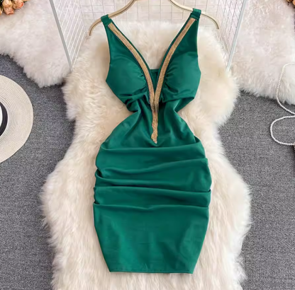 Fashionable slim fit sexy V-neck low-cut slit irregular sleeveless slim fit short hip dress R0369
