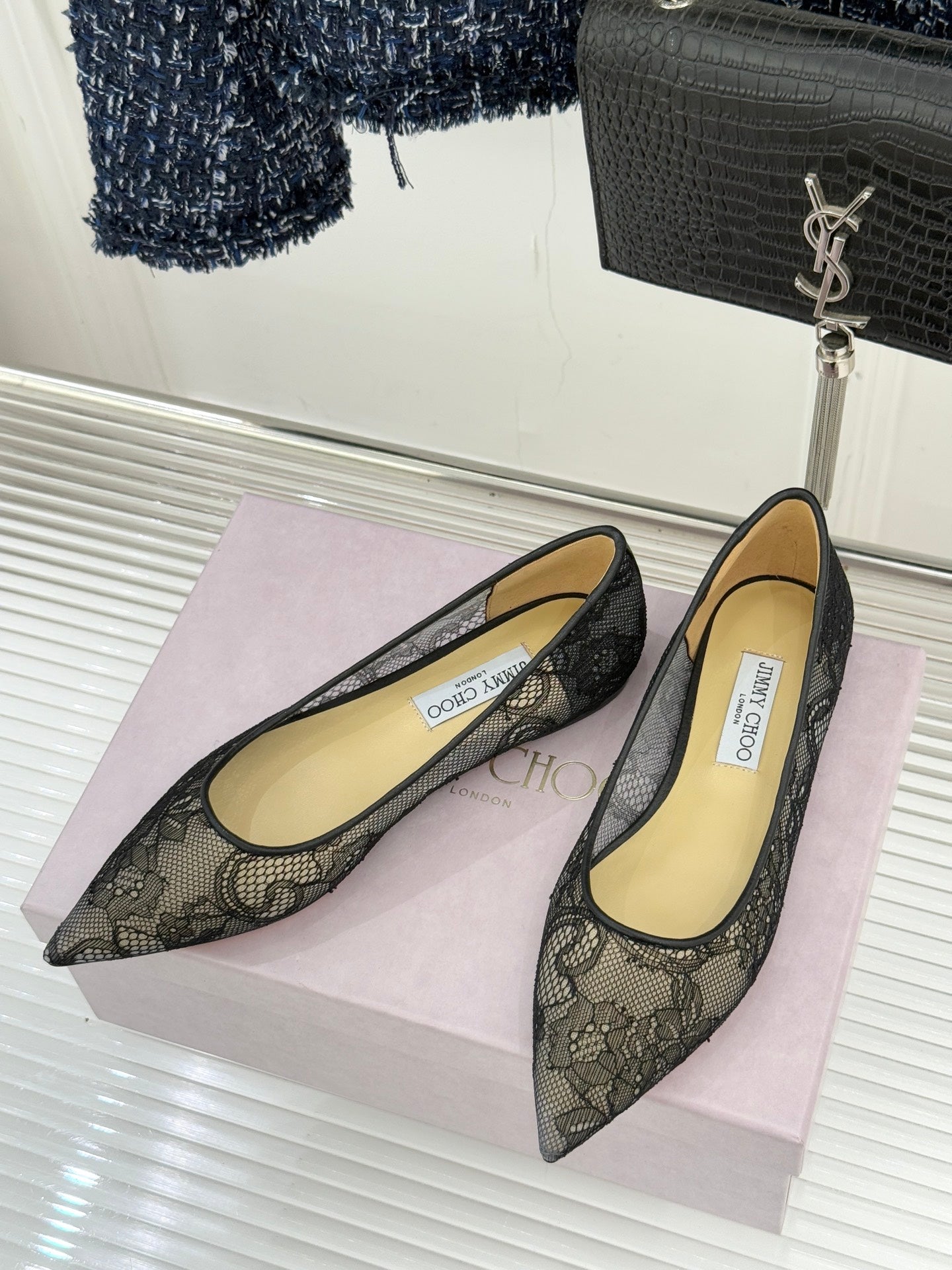 Jimmy Choo Classic Lace Pointed-Toe Ballet Flats Black Sheepskin 573526