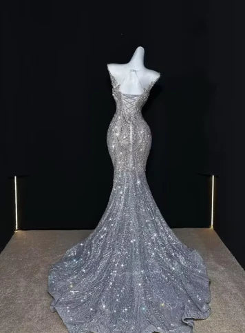 Silver gorgeous shiny fashion long sequin mermaid floor length fishtail dress prom dress, evening dress, party dress  fg8548