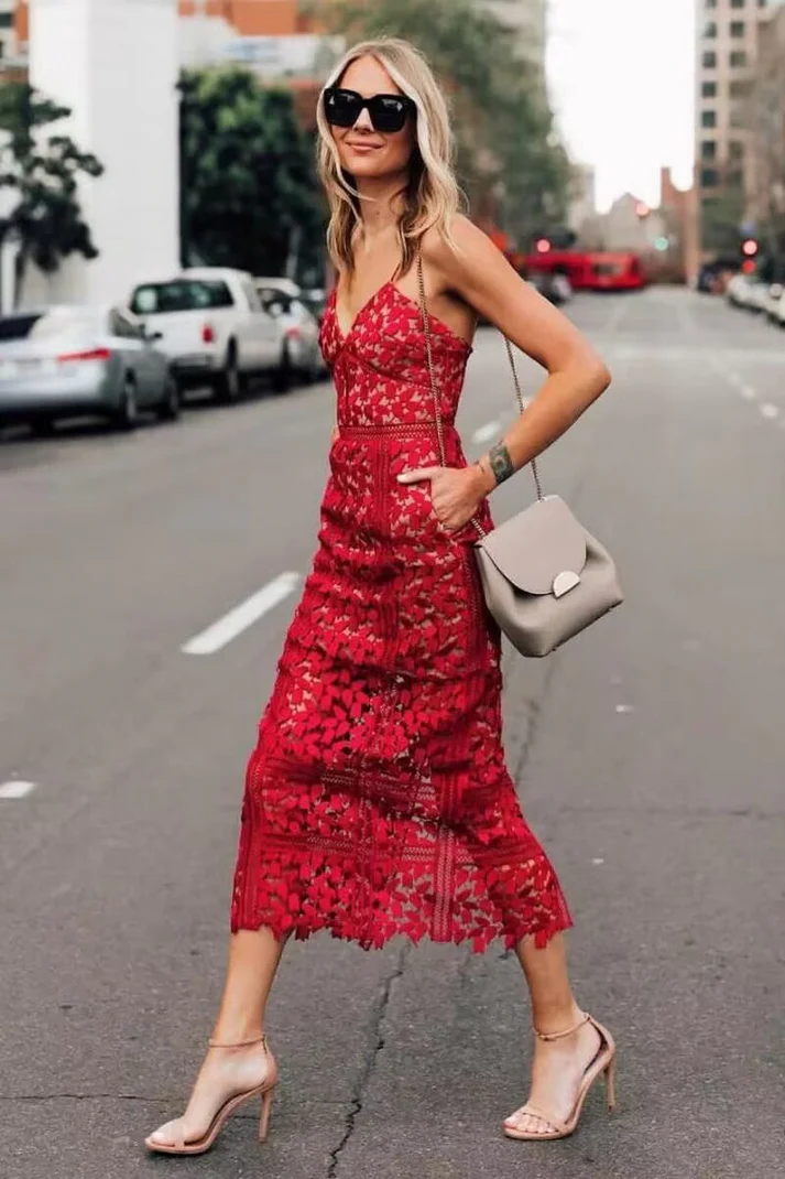Classy Sheath Spaghetti Straps Red Lace Prom Dresses Summer Wedding Guest Dresses Wedding Guest Outfits  fg8562