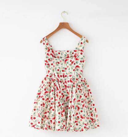 French American retro cherry design slimming waist cinching camisole dress new style R2876