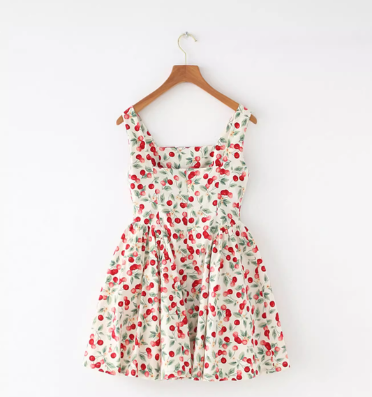 French American retro cherry design slimming waist cinching camisole dress new style R2876