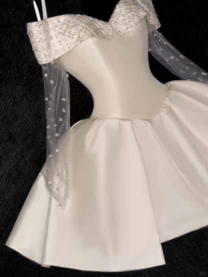 Elegant Ivory Off-the-shoulder Simple Design A-Line Satin Short Homecoming Dress Party Dress D1660