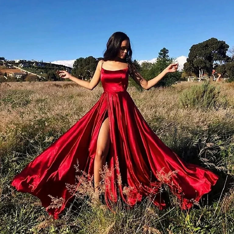 Sexy A Line Spaghetti Straps Red Backless Prom Dresses Long Party Dress SD2265