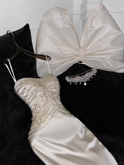 Elegant Ivory Sweetheart Satin Beaded Design Gorgeous Mermaid Floor-length Wedding Dress D1637