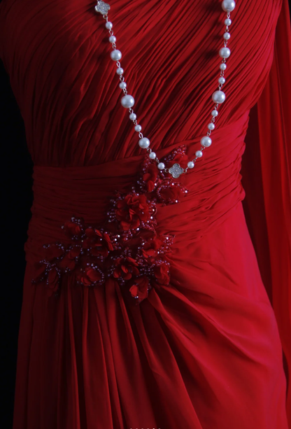 Classy Red One Chiffon Pleated Beaded Mermaid Long Evening Dress Formal Wedding Guest Dress D2212