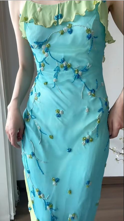 Vintage Spaghetti Straps Chiffon Beaded Blue Mermaid Party Dress Long Evening Gown