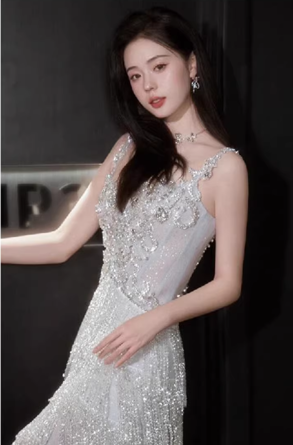 Glitter Spaghetti Straps Silver Satin Beaded Layered Tassel Long Party Dress Evening Gown