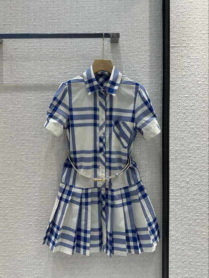 Blue and white shirt skirt slim youthful vitality pleated skirt homecoming dress R4013
