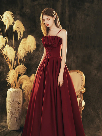 Wine Red Satin Beaded Straps Prom Dress Evening Dress, Wine Red A-line Formal Dress  fg8739