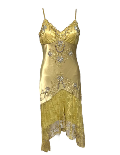 Elegant Gold Spaghetti Straps Satin Lace Beaded Cocktail Dress A Line Homecoming Dress Birthday Outfits S352