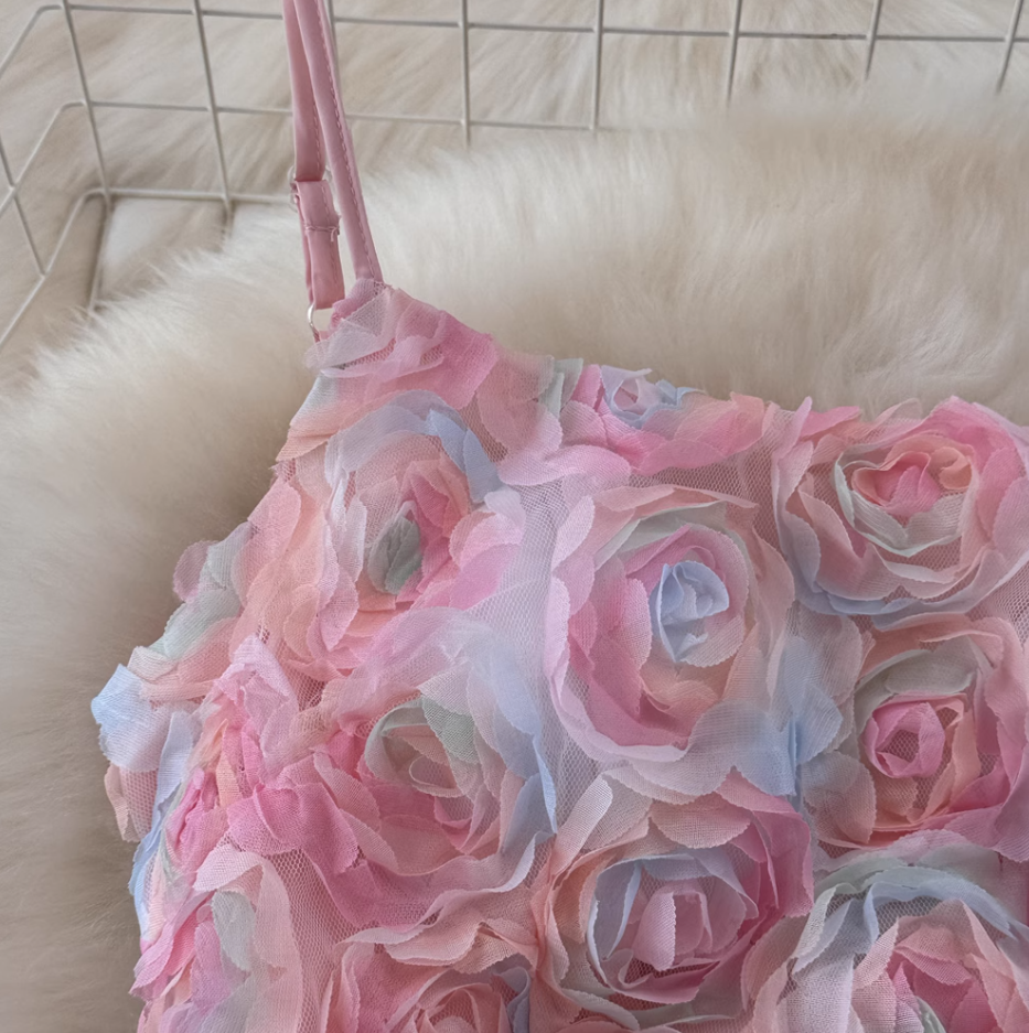 New three-dimensional mesh flower dress design with heavy waist and slim pink dress long skirt R0334