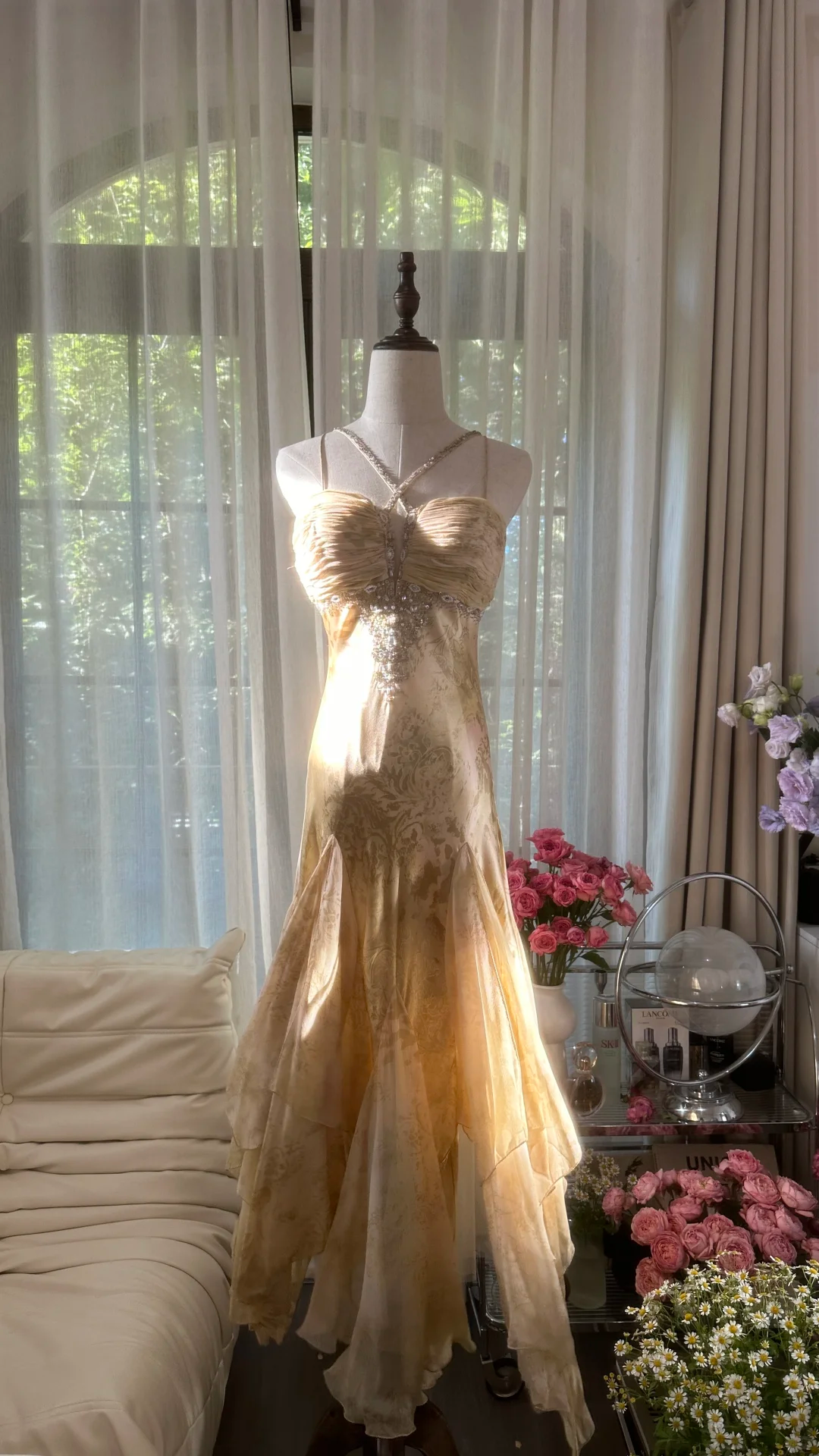 Retro Sweetheart Mermaid Spaghetti Strap Design A-line Romantic Chiffon Evening Dress Prom Dress D1481