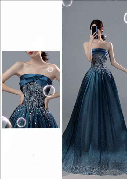 Retro Ball Gown Strapless Neckline Sequin Blue Party Dress Long Prom Dress Evening Dresses