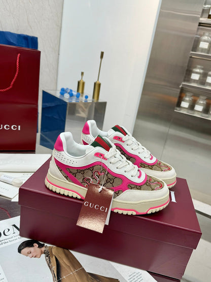 GG Re-Web Sneakers Pink Brown White Suede Cowhide Fabric 564717