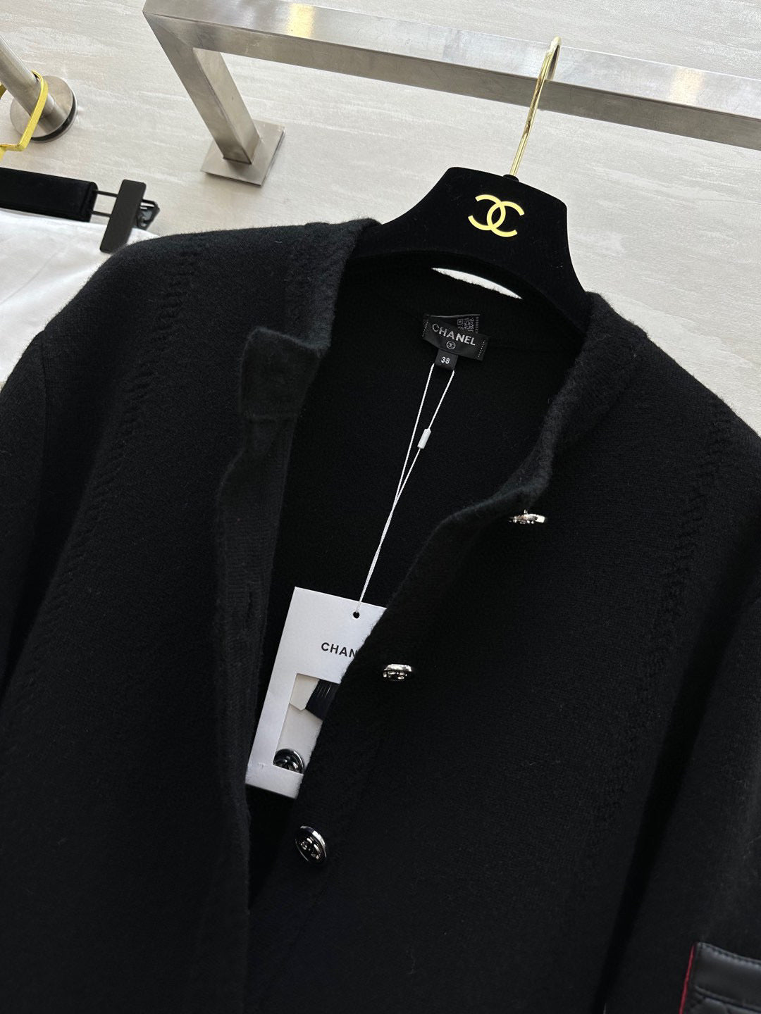 CC 24B Knitted Cashmere and Leather Black Cardigan